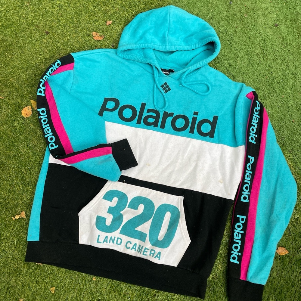 Polaroid Blue, Black & White Hoodie with Pink Accents